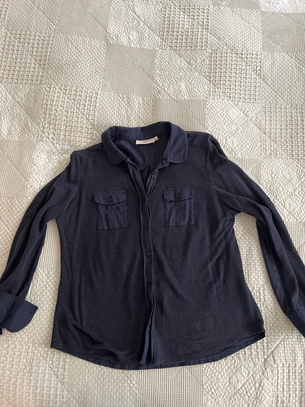 Tory Burch navy blue Button-Front Shirt linen back size XL